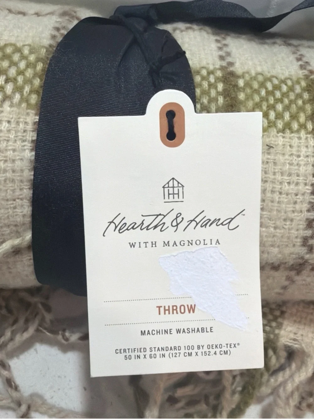 Plaid Throw Blanket Beige Brown Green w/ Fringe 60” x 50” Hearth & Hand NWT